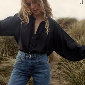 Doen Women's Jane Gathered Pleated Black Cotton Viscose Blouse Shirt Tunic Top M